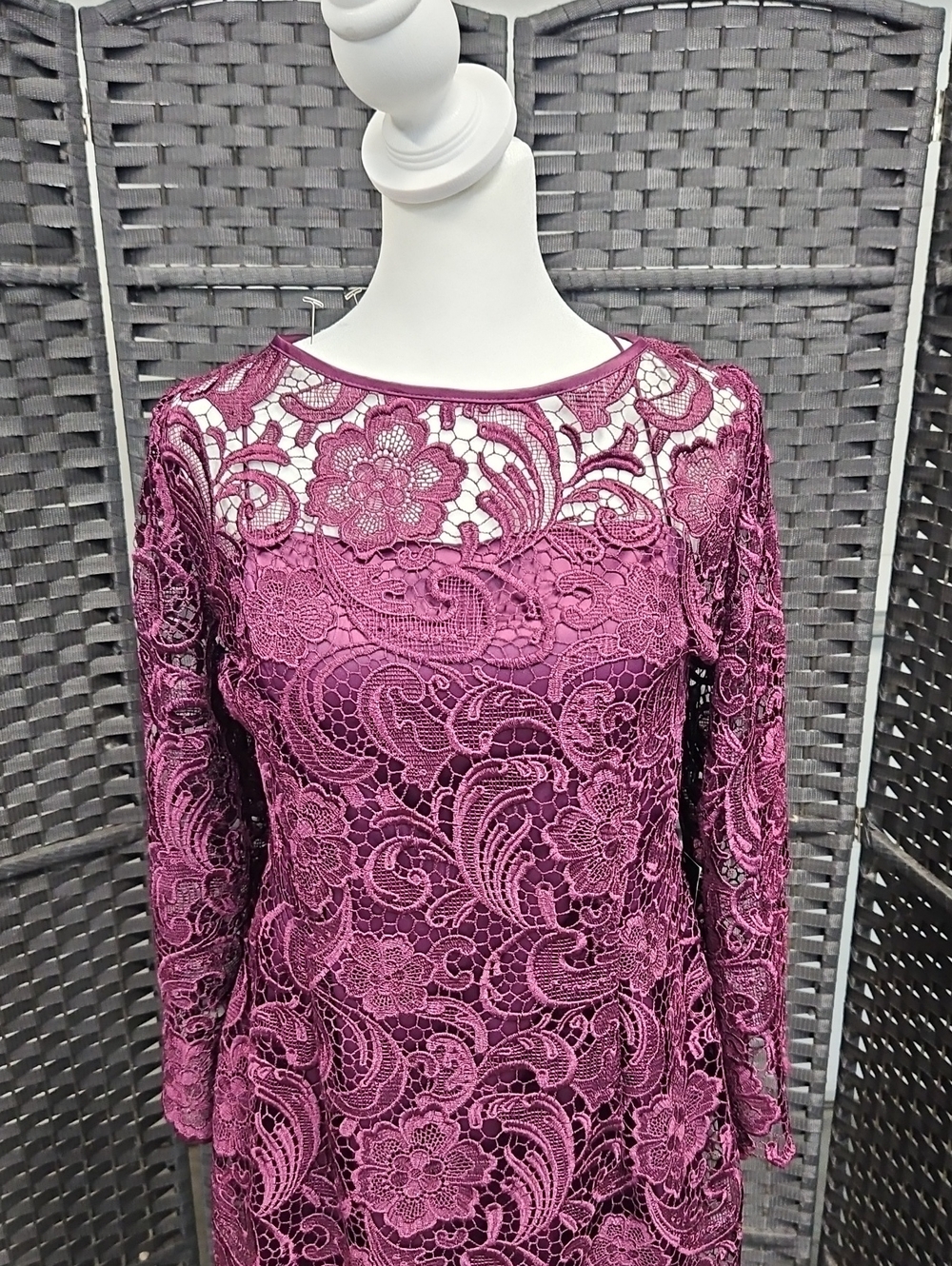NWT Size 12 Plum/Eggplant Long Sleeve Lace Adrianna Papell Cocktail - Picture 2 of 11